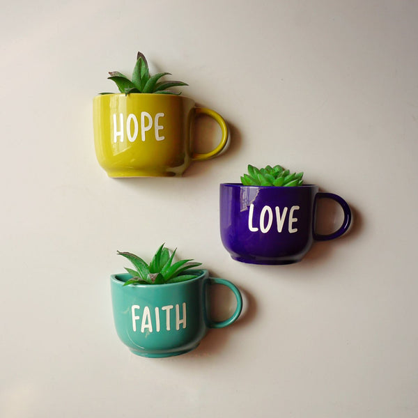 Hope Faith Love Cup Planters - Mug Planters - Wall Garden Decor - Balcony Decor - Small Planters - Small Pot - Plant Lover Gift - Buy Online India - Free Shipping